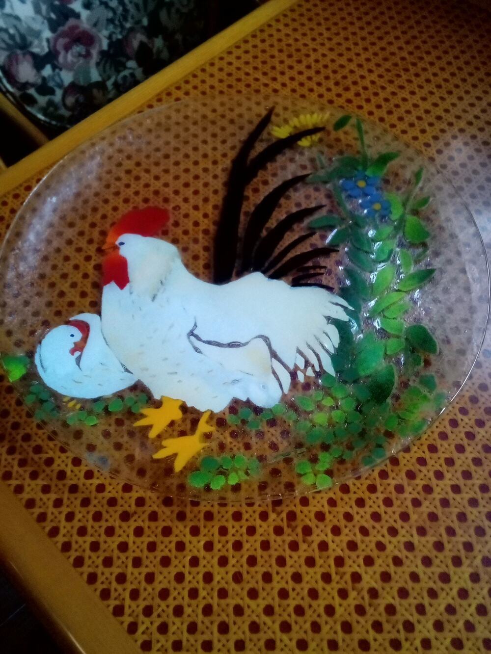 Rare St. Luke Rooster Fused Art Glass Plate 15" Signed St Luke 1981(?)